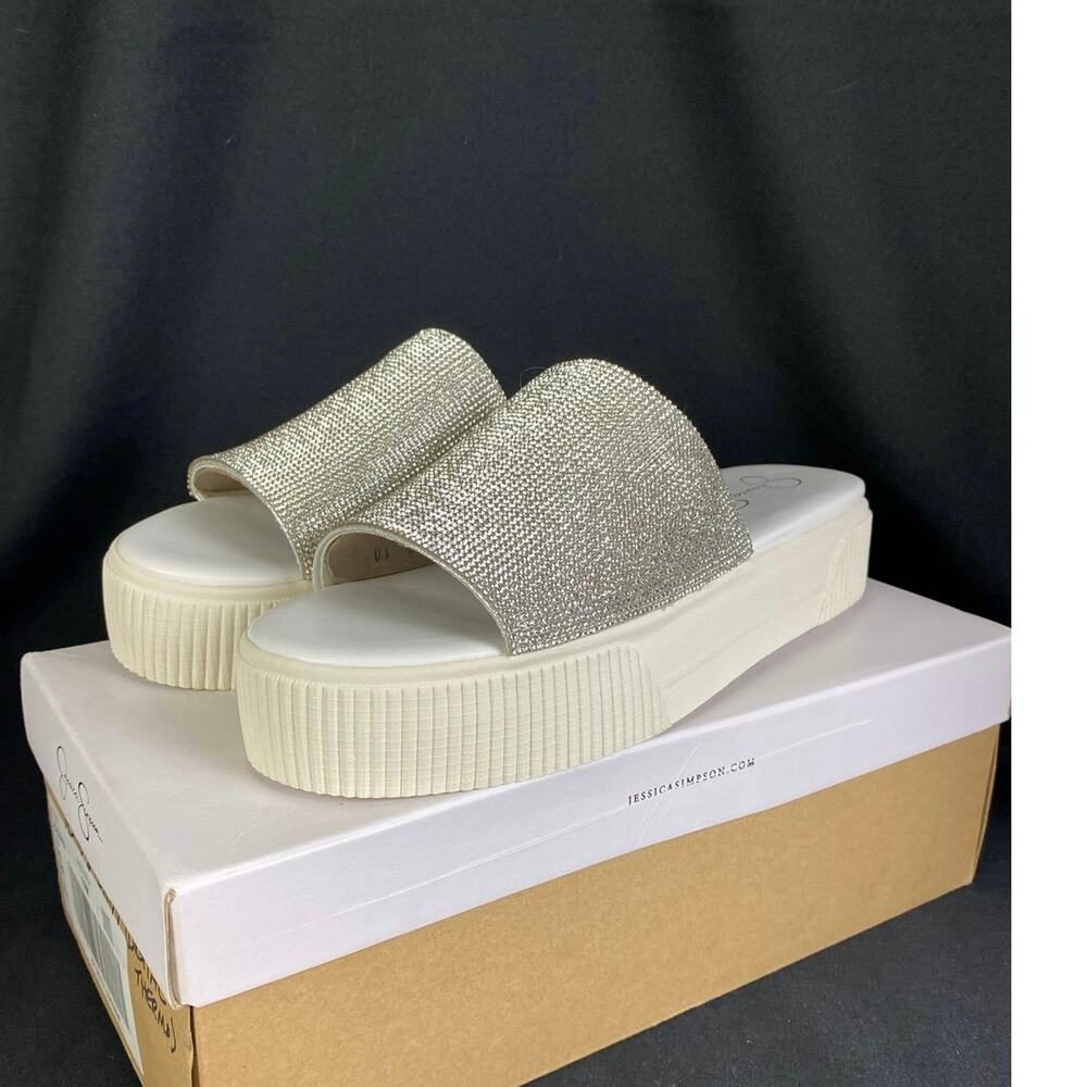 JESSICA SIMPSON SANDAL Ezira Platform Slide Silver Shimmer Size 10M